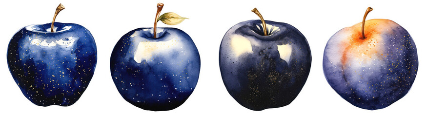 Wall Mural - Apple watercolor indigo gold glitter png on transparent background