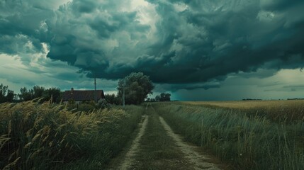 Poster - Rural landscape with a dirt road under a cloudy sky, suitable for travel or countryside themes