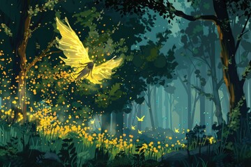 Poster - A beautiful painting of a yellow bird flying in a forest. Ideal for nature-themed designs