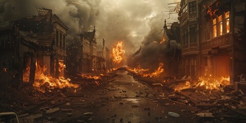 Poster - A city street filled with fire and debris, suitable for disaster or urban decay concepts