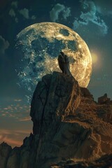 Aufkleber - A bird sitting on a rock with a full moon in the background. Suitable for nature and wildlife themes