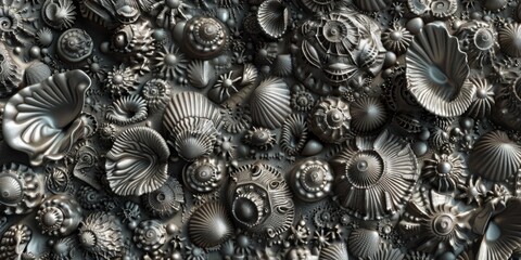 Poster - A bunch of silver shells stacked together. Perfect for beach-themed designs.