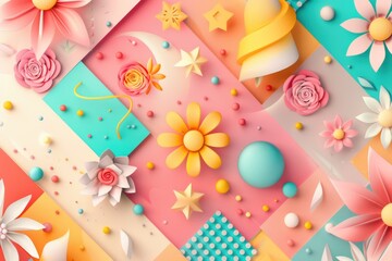 Poster - Colorful background with paper flowers and eggs, perfect for Easter projects