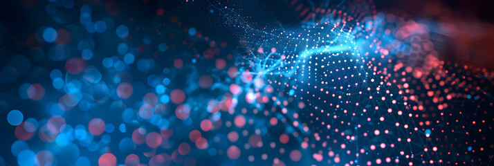 Poster - Digital abstract backdround for technological operations, neural networks, AI, data transmission and encryption, digital archives, audio and visual representations, scientific research. Copy space