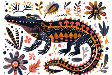 Poster - Detailed drawing of a lizard on a floral background, suitable for nature themes or reptile enthusiasts