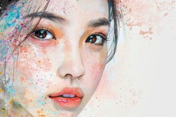 Poster - Close-up of a woman's face with colorful paint splatters, suitable for artistic projects