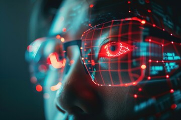 Poster - Close up of a person wearing glasses with a red light, perfect for technology concepts