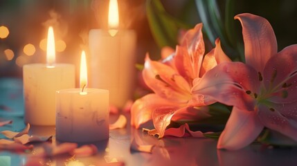 Poster - A close up shot of a lit candle with flowers, perfect for home decor