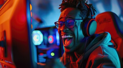 Poster - A man wearing headphones and glasses playing a video game. Suitable for technology and gaming concepts