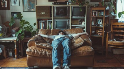 Poster - A man laying comfortably on a couch in a living room, suitable for lifestyle and relaxation concepts