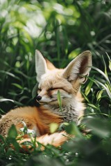 Poster - Close up of a fox laying in the grass, suitable for nature themes