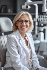 Wall Mural - A woman in a white lab coat sitting in a chair. Suitable for science and research concepts