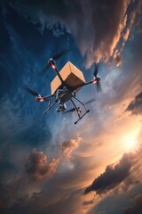 Poster - A large drone flying through a cloudy sky. Suitable for technology and innovation concepts