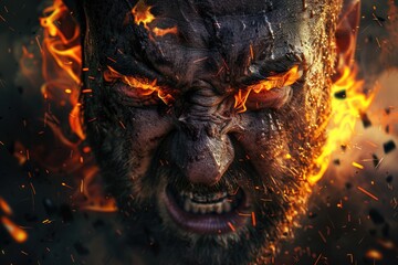 Poster - A close up of a man with fire on his face. Suitable for intense and dramatic themes