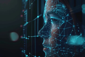 Poster - Close-up of a woman's face behind a wire mesh, suitable for security or privacy concepts