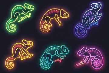 Poster - A group of neon colored chameleons on a dark backdrop. Ideal for nature and wildlife themes