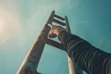 Poster - Person climbing a ladder reaching for the sky, suitable for motivation concepts