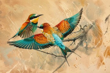Aufkleber - Two vibrant birds perched on a tree branch, ideal for nature-themed designs