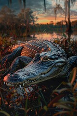 Poster - A large alligator laying in the grass next to a body of water. Suitable for nature and wildlife themes