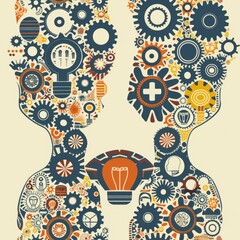 Poster - Silhouettes of two people holding gears and a glowing light bulb. Ideal for illustrating teamwork and innovation concepts