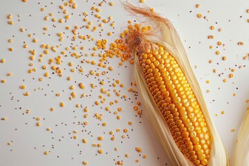 Poster - An ear of corn with seeds scattered around it. Suitable for agricultural concepts