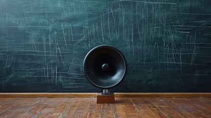 Poster - A black speaker placed on a wooden floor. Ideal for technology and interior design concepts