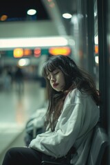 Poster - Woman sitting on a bench at a train station. Suitable for travel concept