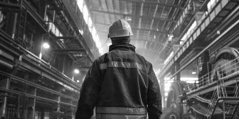 Poster - A man in a hard hat walking through a factory. Suitable for industrial themes