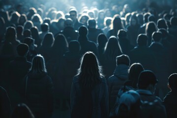 Poster - A crowd of people standing in front of a bright light. Suitable for various events and celebrations