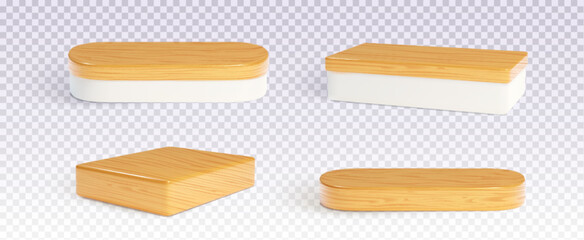 Poster - 3d wood round podium. Product display pedestal for kitchen floor. Beauty and cosmetic shelf stand. White and brown minimal board surface design with premium nature texture. Rectangular rustic block