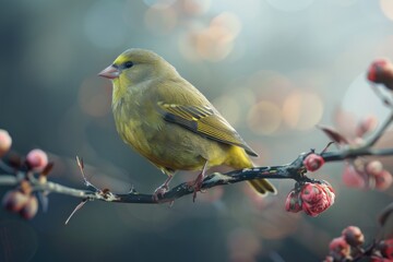 Canvas Print - A bright yellow bird sitting on a tree branch. Suitable for nature and wildlife themes