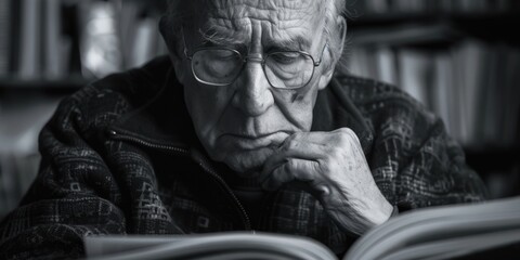 Poster - A senior man engrossed in reading a book in a library. Suitable for educational and retirement concepts