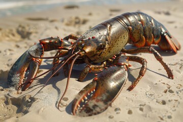 Poster - A lobster on a sandy beach near the ocean. Suitable for seafood concept