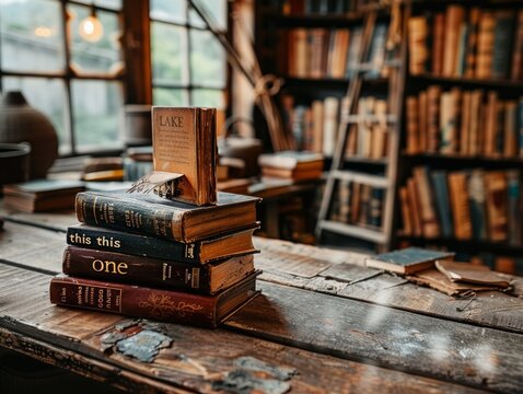 a stack of old books lies on a worn wooden table in a cozy, rustic library evoking nostalgia, wisdom