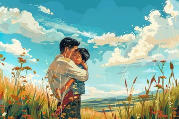 Poster - A couple embracing in a field of colorful flowers. Ideal for romantic and nature-themed designs