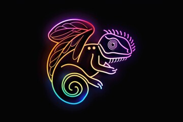 Poster - A colorful neon chameleon with a leaf on its head, perfect for nature and wildlife concepts