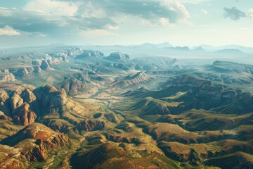 Poster - A stunning aerial view of a valley surrounded by majestic mountains. Perfect for travel and landscape designs