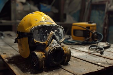 Poster - Yellow gas mask on wooden table, suitable for medical or safety concept