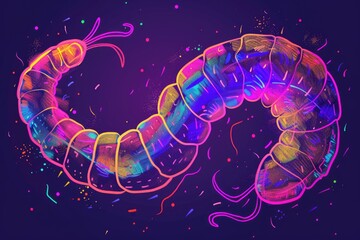 Poster - A neon worm surrounded by colorful confetti. Ideal for party and celebration concepts