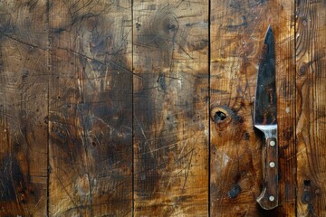Poster - Close up of a knife on a wooden surface, suitable for food or cooking themes
