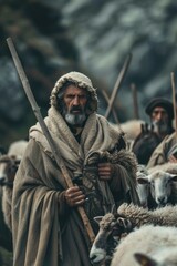 Poster - A man with a beard and a long beard standing in front of a herd of sheep. Suitable for agricultural and farming concepts