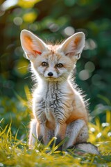 Poster - A little fox sitting in the grass, perfect for nature themes