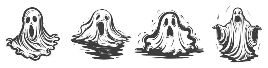 Halloween ghost set, black and white vector design, generative ai