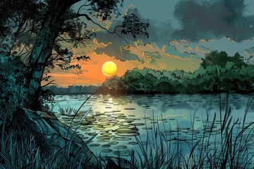 Poster - A serene sunset over a calm lake. Perfect for nature-themed designs