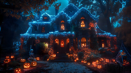 Wall Mural - A house covered in spooky Halloween decorations, including cobwebs, skeletons, and jack-o'-lanterns