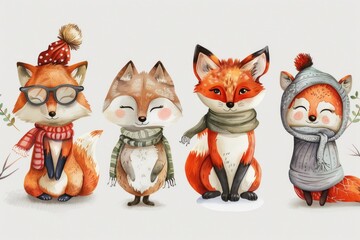 Wall Mural - Cute cartoon foxes dressed for winter, perfect for children's illustrations