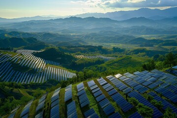 Wall Mural - Aerial view of solar panels on a vast landscape, highlighting renewable energy production and sustainable technology in a rural setting.

