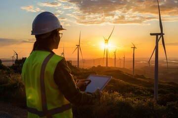 Wall Mural - Engineer analyzing wind turbine performance during golden hour, promoting clean energy.

