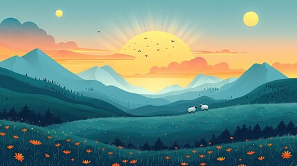 Wall Mural - a flat design editorial illustration of a sunrise landscape with fields and sheep and lambs, blue and yellow palette, light background, flat design style 