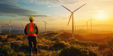 Wall Mural - Engineer in reflective vest surveys expansive wind farm at sunset, symbolizing renewable energy progress.
